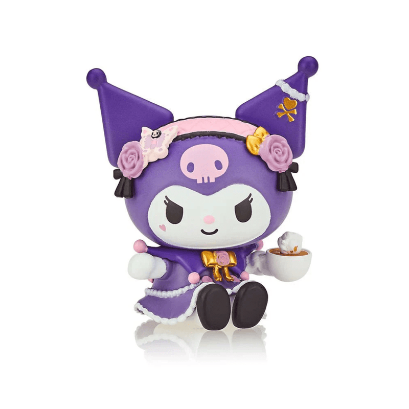 Tokidoki collectible Kuromi Garden Party figure in purple dress, floral fascinator and pearl details, holding tiny teacup.









