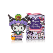 Front view of Tokidoki Kuromi × My Melody Garden Tea Party blind-box packaging in lilac, showing illustrated characters and cupcake motifs—ideal for collectors.









