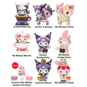 Tokidoki collectible lineup guide displaying all nine Kuromi & My Melody Tea Party mini figures plus chaser dessert stand, arranged in grid.
