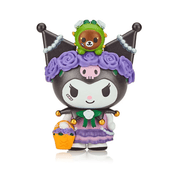Tokidoki collectible Kuromi & Bloom figure wearing a lavender-rose crown with cactus pup topper, holding orange basket of flowers.
