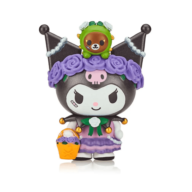 Tokidoki collectible Kuromi & Bloom figure wearing a lavender-rose crown with cactus pup topper, holding orange basket of flowers.
