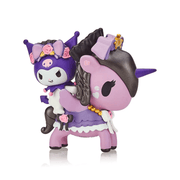 Tokidoki collectible Kuromi & Victoria figurine—Kuromi riding lilac Unicorno dressed in gothic frills, bows and pastel roses.
