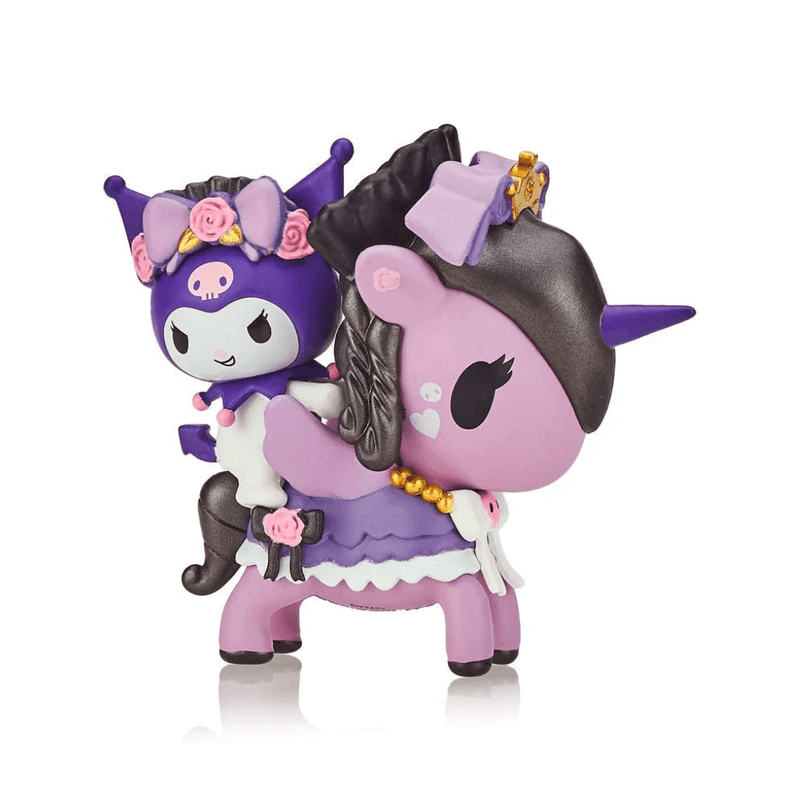Tokidoki collectible Kuromi & Victoria figurine—Kuromi riding lilac Unicorno dressed in gothic frills, bows and pastel roses.
