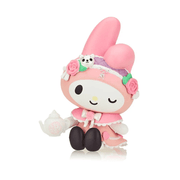 Tokidoki collectible My Melody Garden Party figurine seated with white teapot, pink bonnet trimmed with roses and sleepy smile.
