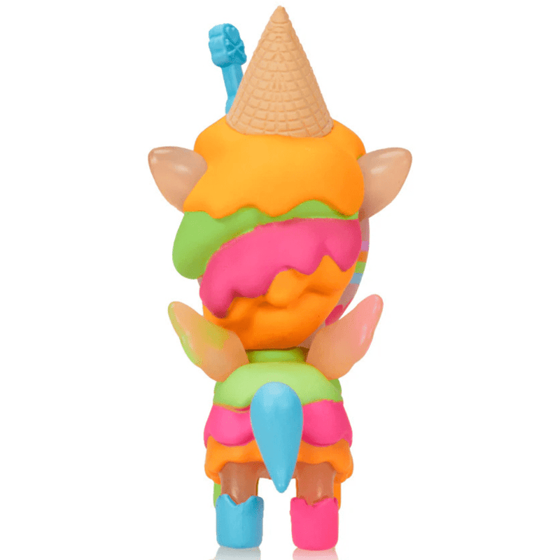 Rear view of Tokidoki Neon Melty Unicorno collectible with upside-down waffle cone hat, dripping neon ice-cream layers and pastel wings.
