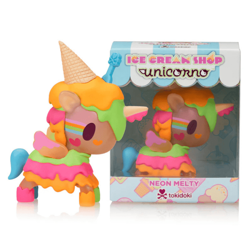 Tokidoki Neon Melty Unicorno collectible posed beside Ice Cream Shop display box, highlighting bright sherbet colours and retail packaging.
