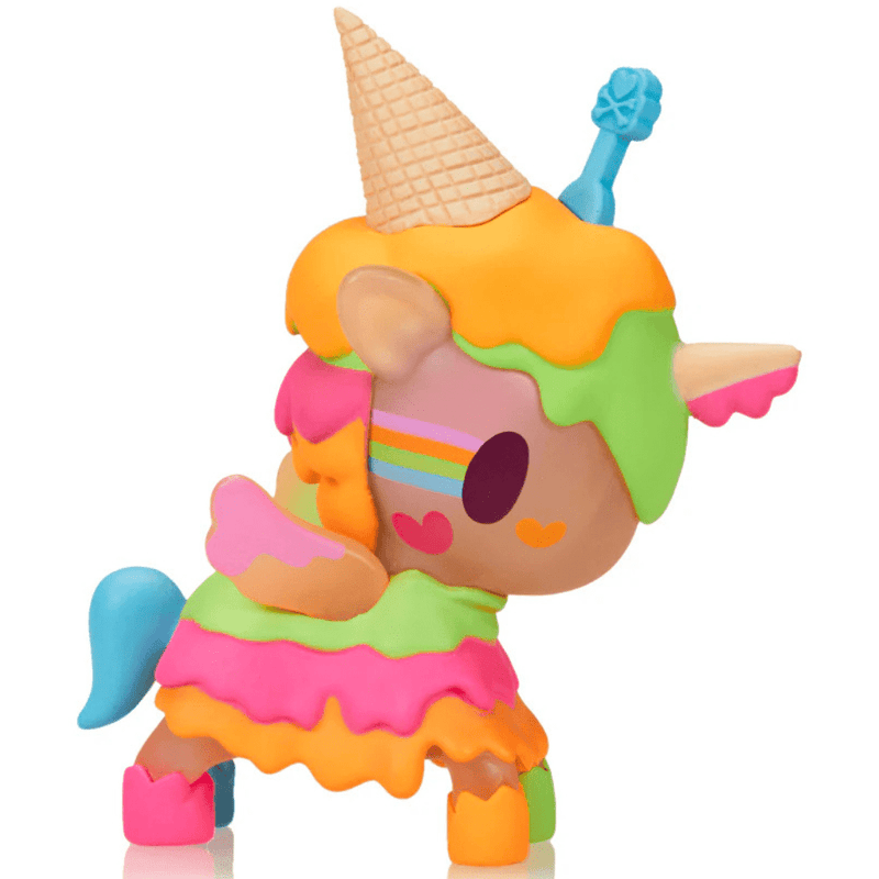 Front-right angle of Tokidoki Neon Melty Unicorno collectible toy showing rainbow cheek stripes, waffle cone horn and layered lime-pink-orange “scoops”.
