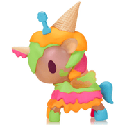 Side profile of Tokidoki Neon Melty Unicorno collectible figurine featuring lime green fringe, hot-pink skirted layers and blue tail.








