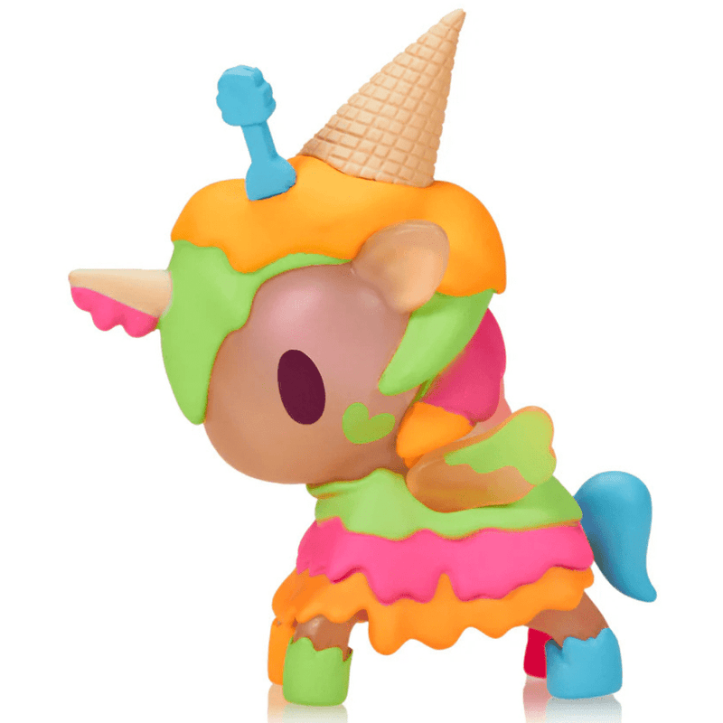 Side profile of Tokidoki Neon Melty Unicorno collectible figurine featuring lime green fringe, hot-pink skirted layers and blue tail.








