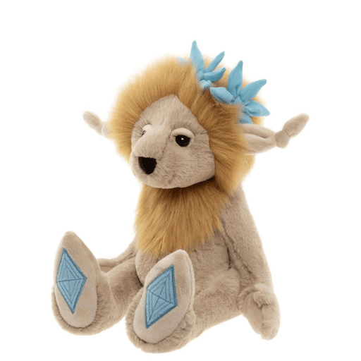 Topaz Blu Bearhouse by Charlie Bears crystal troll plush toy, side angled view with fluffy golden mane and blue crystal details