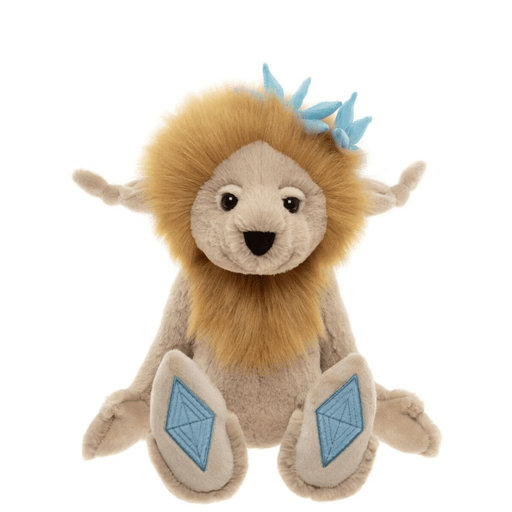 Topaz Blu Bearhouse by Charlie Bears crystal troll plush toy, front view on white background with golden mane and blue crystal feet pads