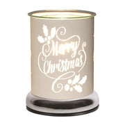 Touch electric wax melt burner with glowing white “Merry Christmas” silhouette and holly, 17cm