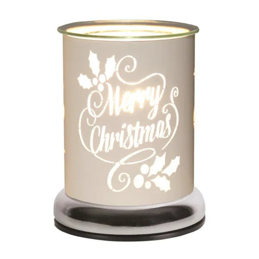 Touch electric wax melt burner with glowing white “Merry Christmas” silhouette and holly, 17cm