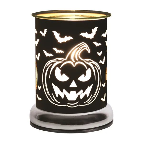Halloween touch-control wax melt burner with jack-o’-lantern and bat design

