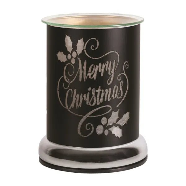 Black “Merry Christmas” silhouette touch-control wax melt burner, unlit, 17cm