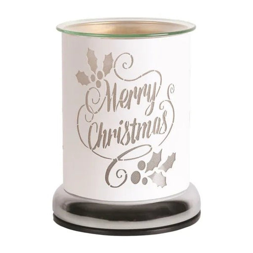 White “Merry Christmas” silhouette touch-control wax melt burner, unlit, 17cm