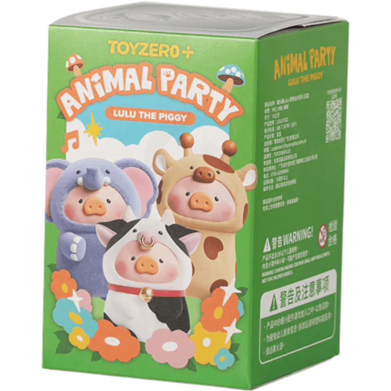 ToyZero Animal Party Lulu the Piggy blind box packaging with pig characters dressed as animals on a green box