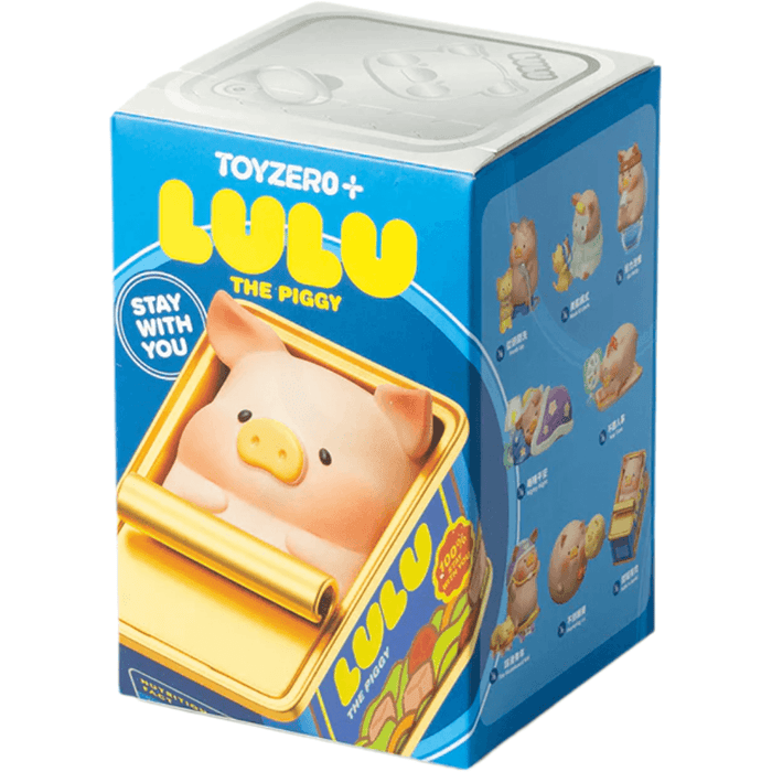 ToyZero Lulu the Piggy Stay With You blind box packaging showing a pig character inside a yellow gift box on blue packaging