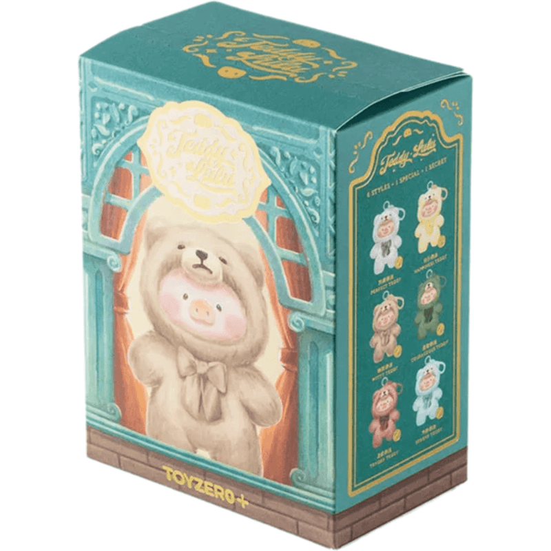 ToyZero Teddy Lulu blind box packaging with Lulu the Piggy in a teddy bear costume on teal and gold packaging