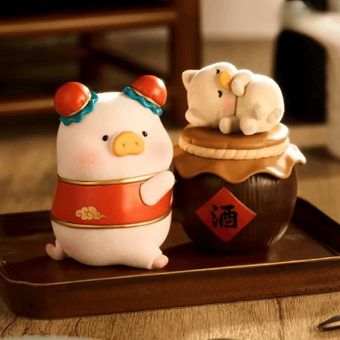 TOYZEROPLUS LuLu the Piggy Lu's Table Series Blind Box General Hidden Baijiu figure displayed beside the jar