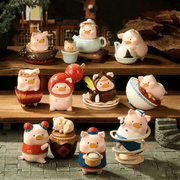 TOYZEROPLUS LuLu the Piggy Lu's Table Series Blind Box shelf display featuring multiple foodie pig mini figures