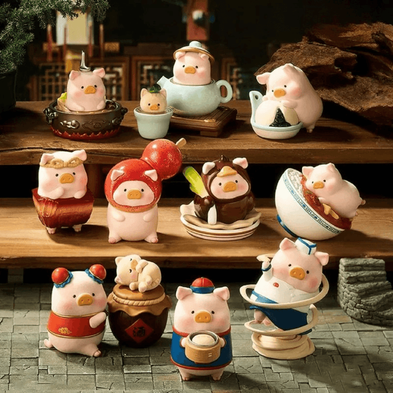 TOYZEROPLUS LuLu the Piggy Lu's Table Series Blind Box shelf display featuring multiple foodie pig mini figures