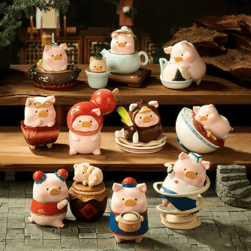 TOYZEROPLUS LuLu the Piggy Lu's Table Series Blind Box shelf display featuring multiple foodie pig mini figures