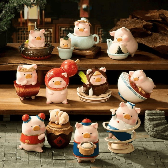 TOYZEROPLUS LuLu the Piggy Lu's Table Series Blind Box shelf display featuring multiple foodie pig mini figures