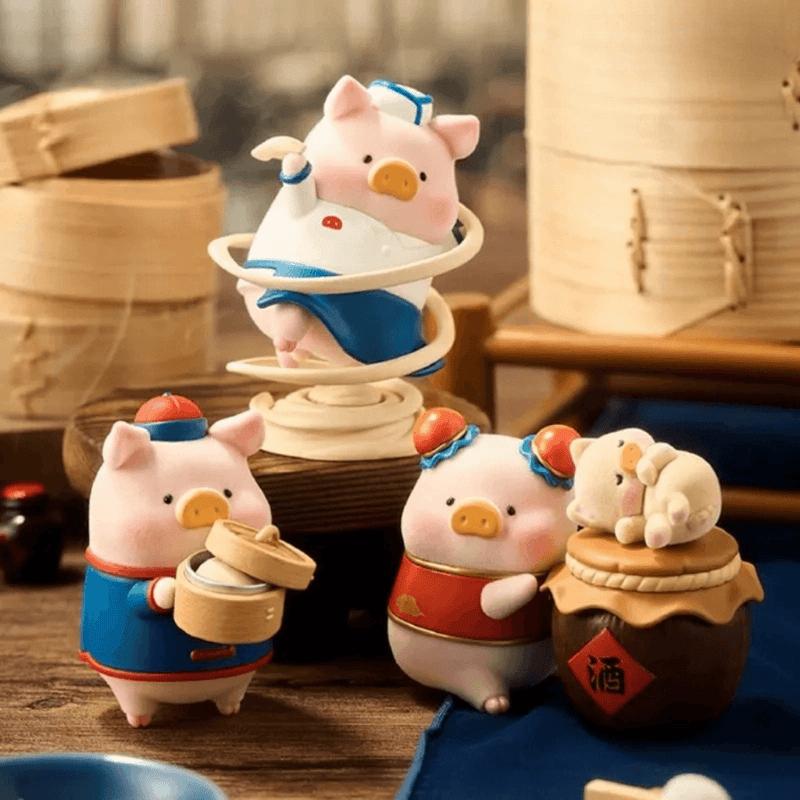 TOYZEROPLUS LuLu the Piggy Lu's Table Series Blind Box display with Hand-pulled Noodles, Bao and Baijiu figures