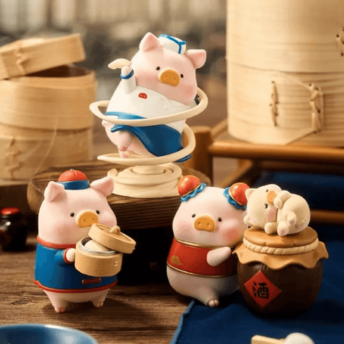 TOYZEROPLUS LuLu the Piggy Lu's Table Series Blind Box display with Hand-pulled Noodles, Bao and Baijiu figures