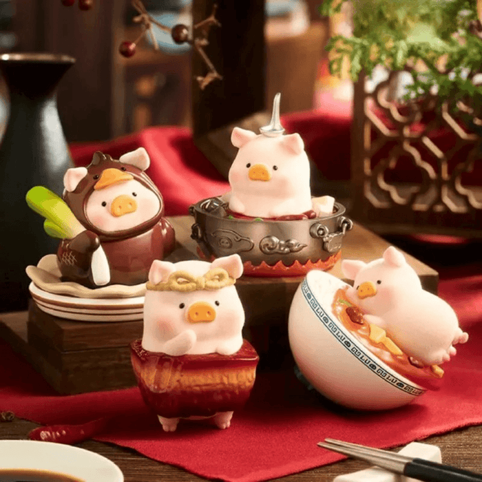 TOYZEROPLUS LuLu the Piggy Lu's Table Series Blind Box group display with Crispy Roast Duck, Piggy Hotpot, Braised Pork and Mapo Tofu