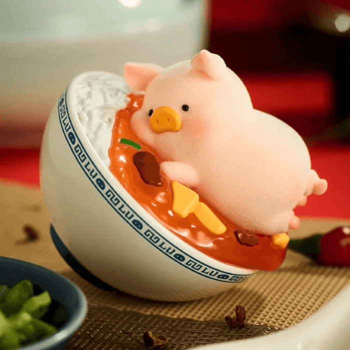 TOYZEROPLUS LuLu the Piggy Lu's Table Series Blind Box Mapo Tofu mini figure resting in a bowl of spicy tofu