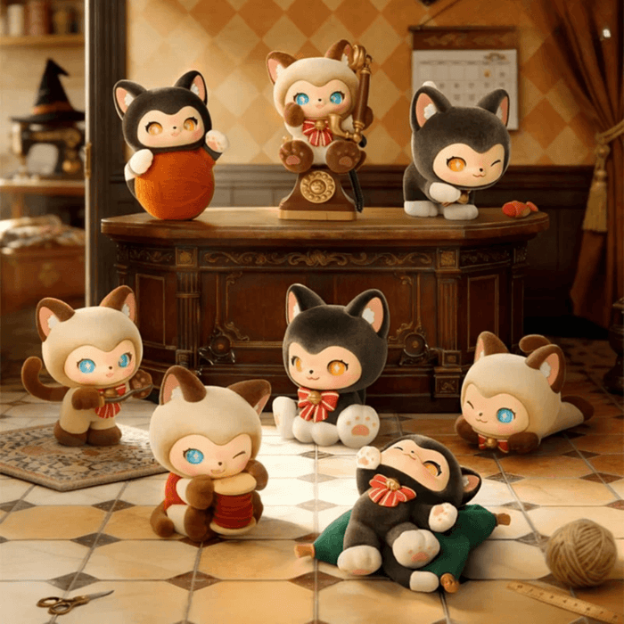 Assorted MOFFY’s Magic Furry Mewky blind box figures displayed together in a tailoring shop setting