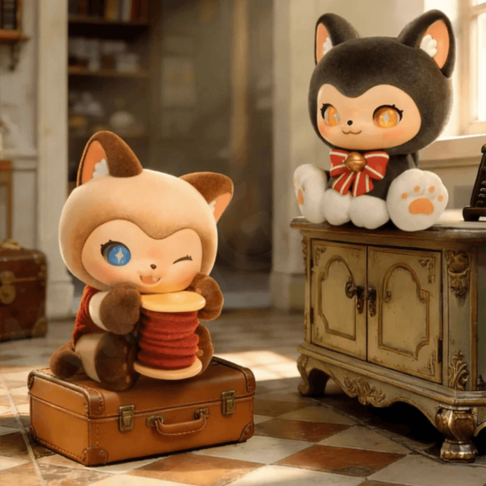 Assorted MOFFY’s Magic Furry Mewky blind box figures displayed on luggage and furniture in a tailoring shop scene