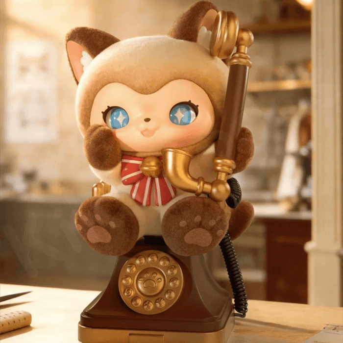 TOYZEROPLUS MOFFY’s Magic Furry Mewky Whisper Softly hidden blind box figure sitting on a vintage telephone