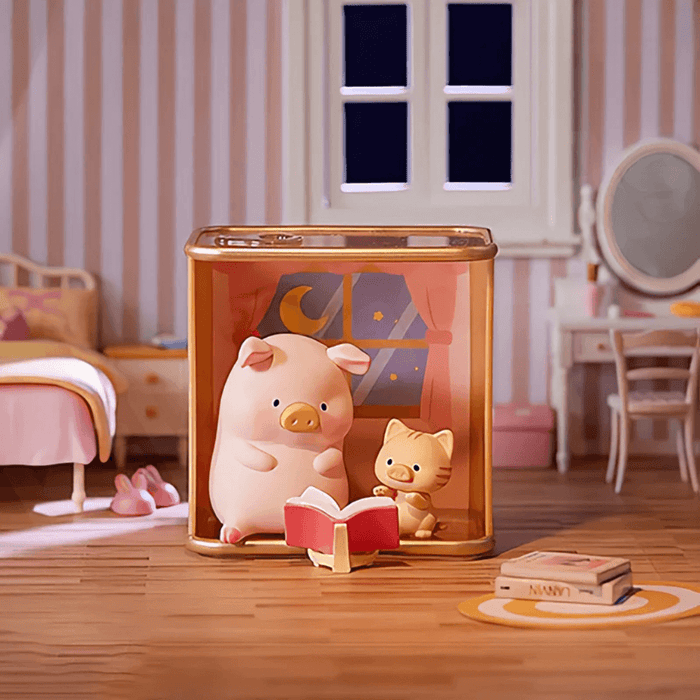 Piggy Life Bedtime Story mini figure reading to a kitten at night, ToyZeroPlus blind box collectable.