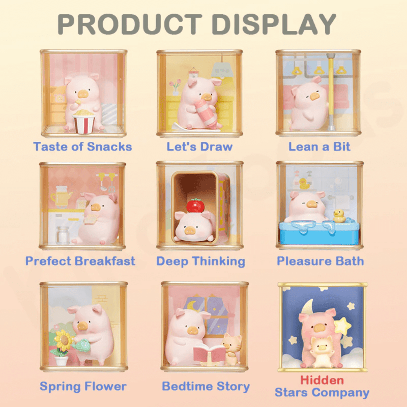ToyZeroPlus Piggy Life blind box series showing all 8 designs and the hidden Stars Company chase.