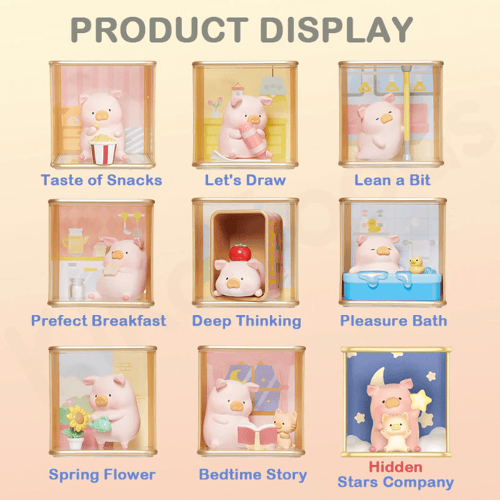 ToyZeroPlus Piggy Life blind box series showing all 8 designs and the hidden Stars Company chase.