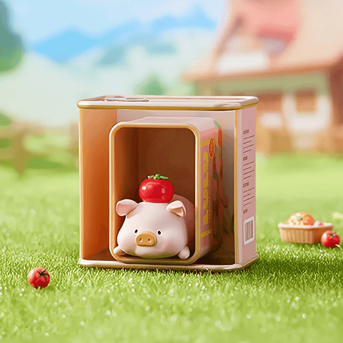 Piggy Life Deep Thinking mini figure lying in a can with an apple on its head, ToyZeroPlus blind box.