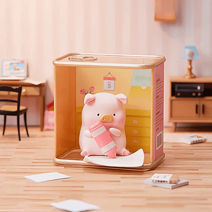 Piggy Life Let’s Draw mini figure holding a giant pink crayon in a cosy room, ToyZeroPlus blind box.