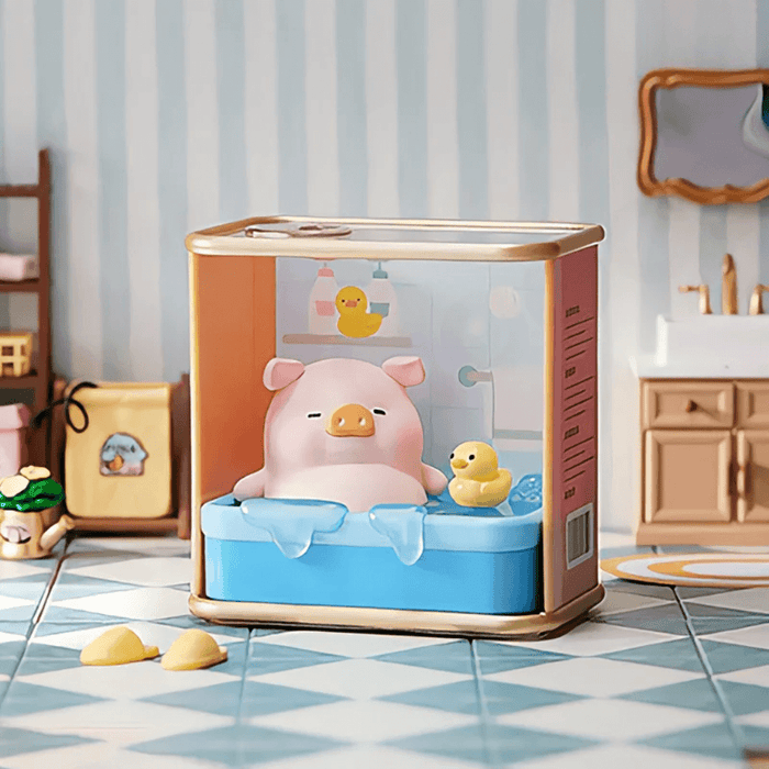 Piggy Life Pleasure Bath mini figure relaxing in a blue tub with rubber ducks, ToyZeroPlus blind box.