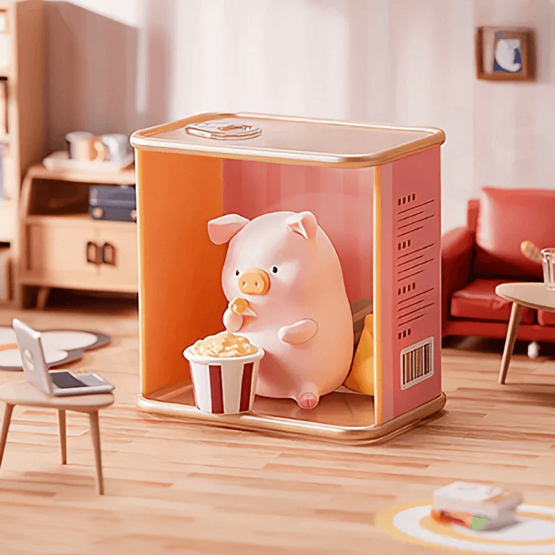 Piggy Life Taste of Snacks mini figure eating popcorn inside a tin room, ToyZeroPlus blind box.