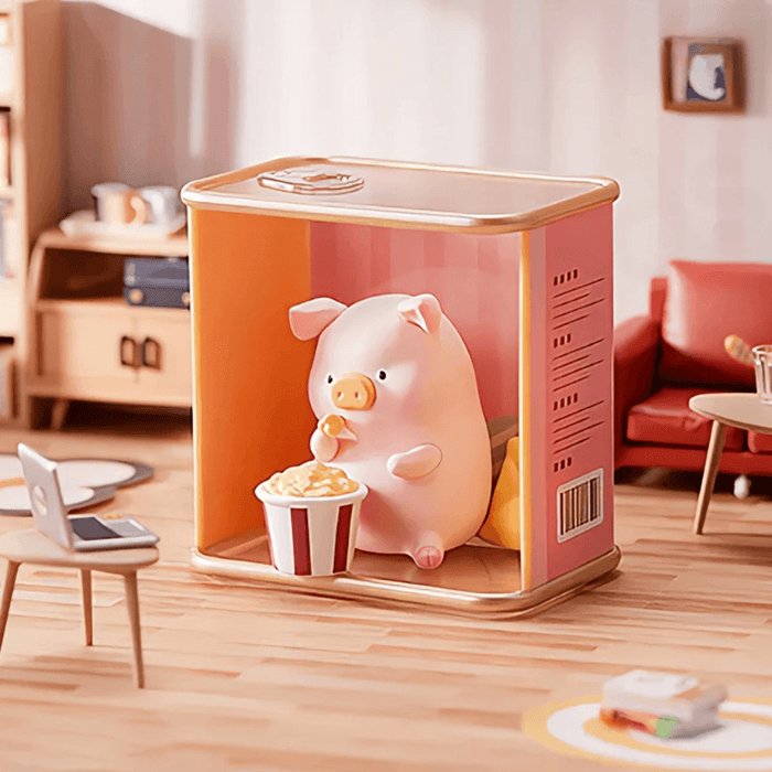 Piggy Life Taste of Snacks mini figure eating popcorn inside a tin room, ToyZeroPlus blind box.