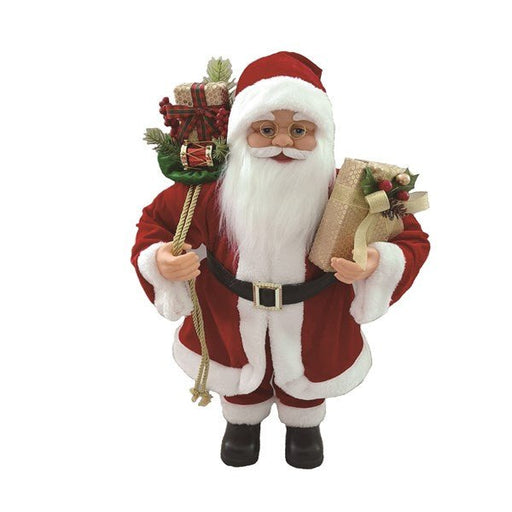 60cm traditional Santa figurine in red suit holding a gift and sack, white background.