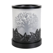 Tree of Life electric wax melt burner unlit, showing the black silhouette tree and leafy cut-out detailing.
