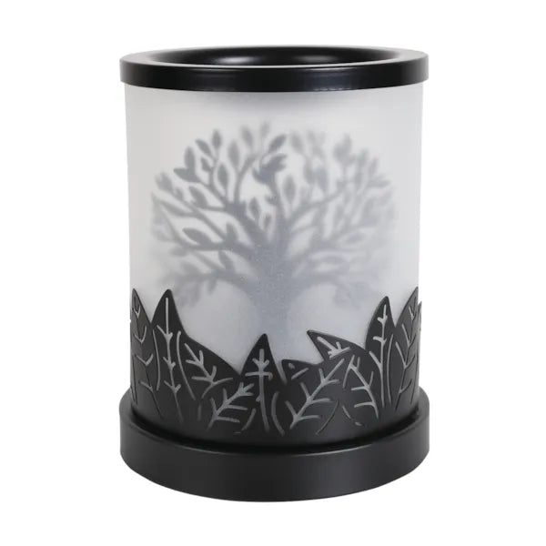 Tree of Life electric wax melt burner unlit, showing the black silhouette tree and leafy cut-out detailing.
