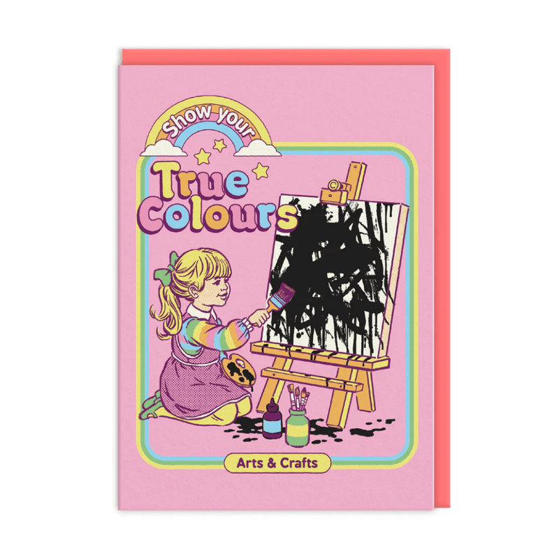 Funny True Colours greeting card – retro girl paints black strokes on canvas under rainbow header
