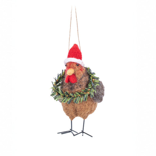 Felt turkey ornament with Santa hat and green wreath, brown body, hanging Christmas decoration on twine.