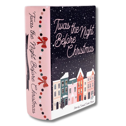 Large ceramic book vase with navy cover reading Twas the Night Before Christmas, snowy townhouses