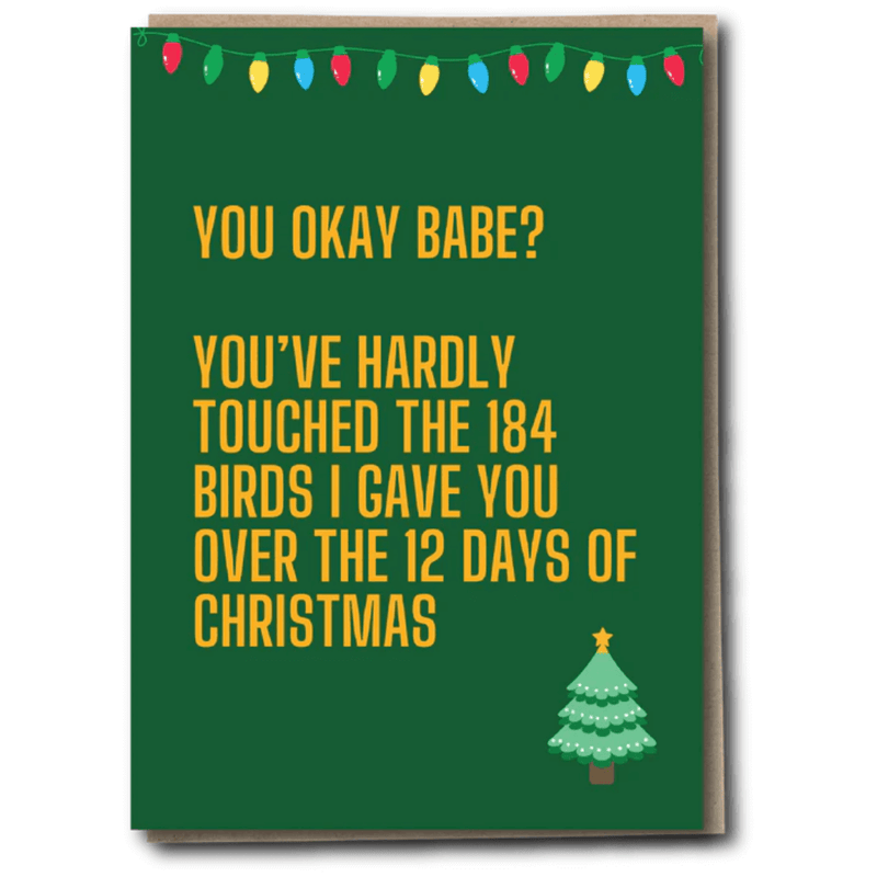 Funny Christmas card with green background and joke about 184 birds from the twelve days of Christmas.